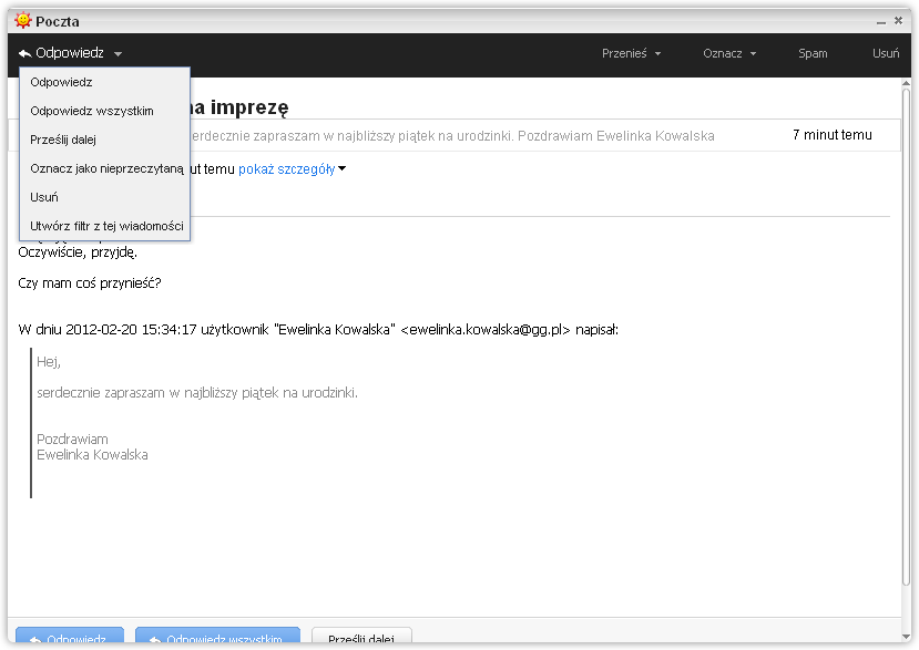 Odpowiadanie na otrzymaną wiadomość email w komunikatorze GG