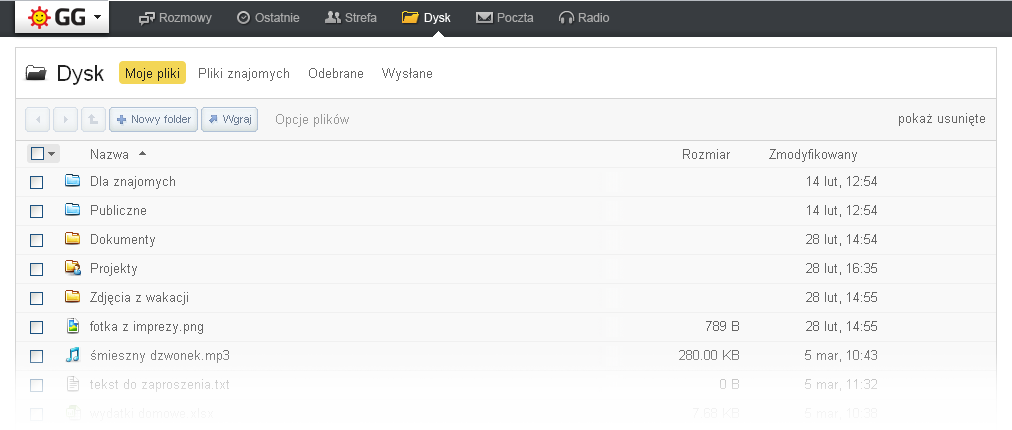 Widok GG Dysku na GG.pl