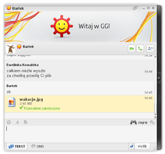 Zaakceptowany odbiór przesłanego pliku w oknie rozmowy komunikatora GG
